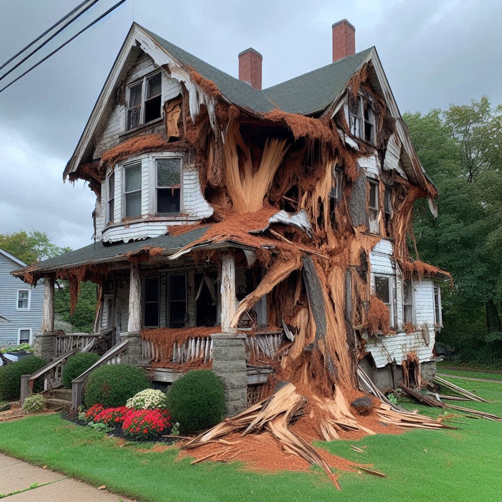 Blog Article - Tree with visible damage, including broken branches and signs of disease near an Newton home